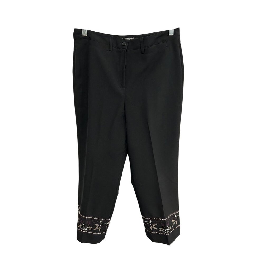 Larry Levine Sport Stretch Black Cropped Pants Embroidered Hem Size 10
